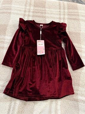Toddler Girls' Velvet Ruffle Shoulder Dress in Wine